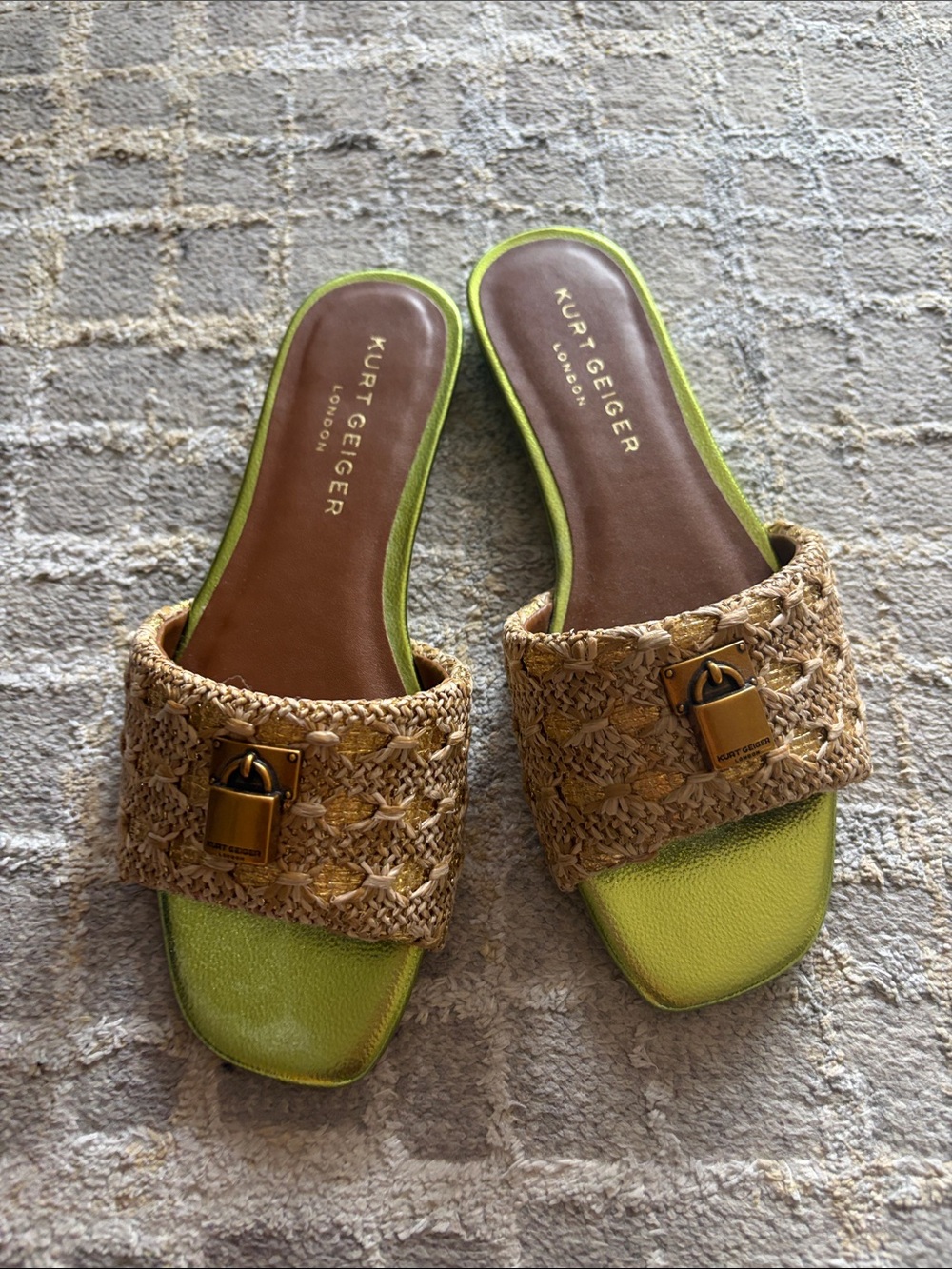 Kurt Geiger Lime Green Raffia Slide Sandals with Gold Padlock